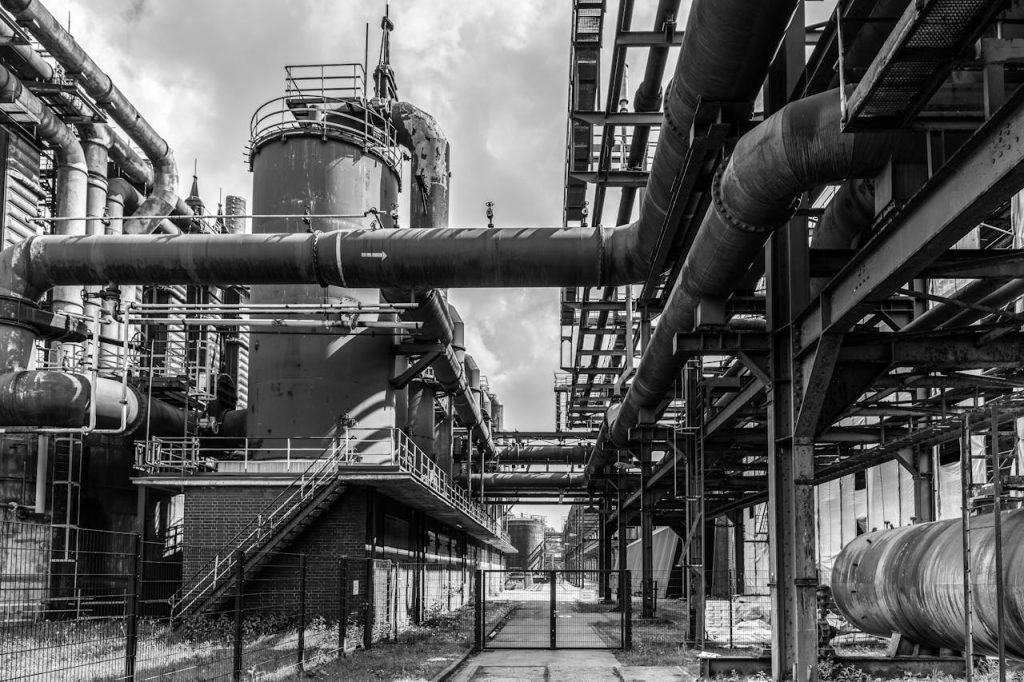 Monochrome image of industrial architecture at Zollverein Coal Mine, Essen, Germany.